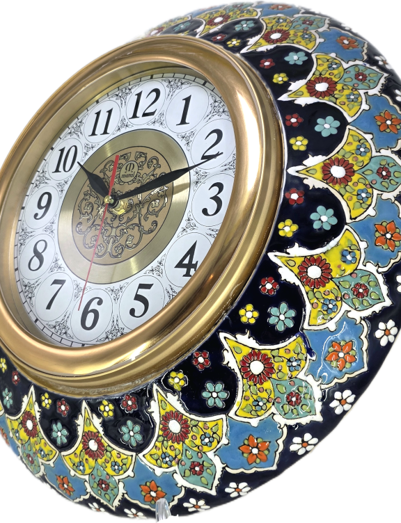 ساعت دیواری گرد بزرگ طرح هنری ترنج و ختایی زمینه لاجورد